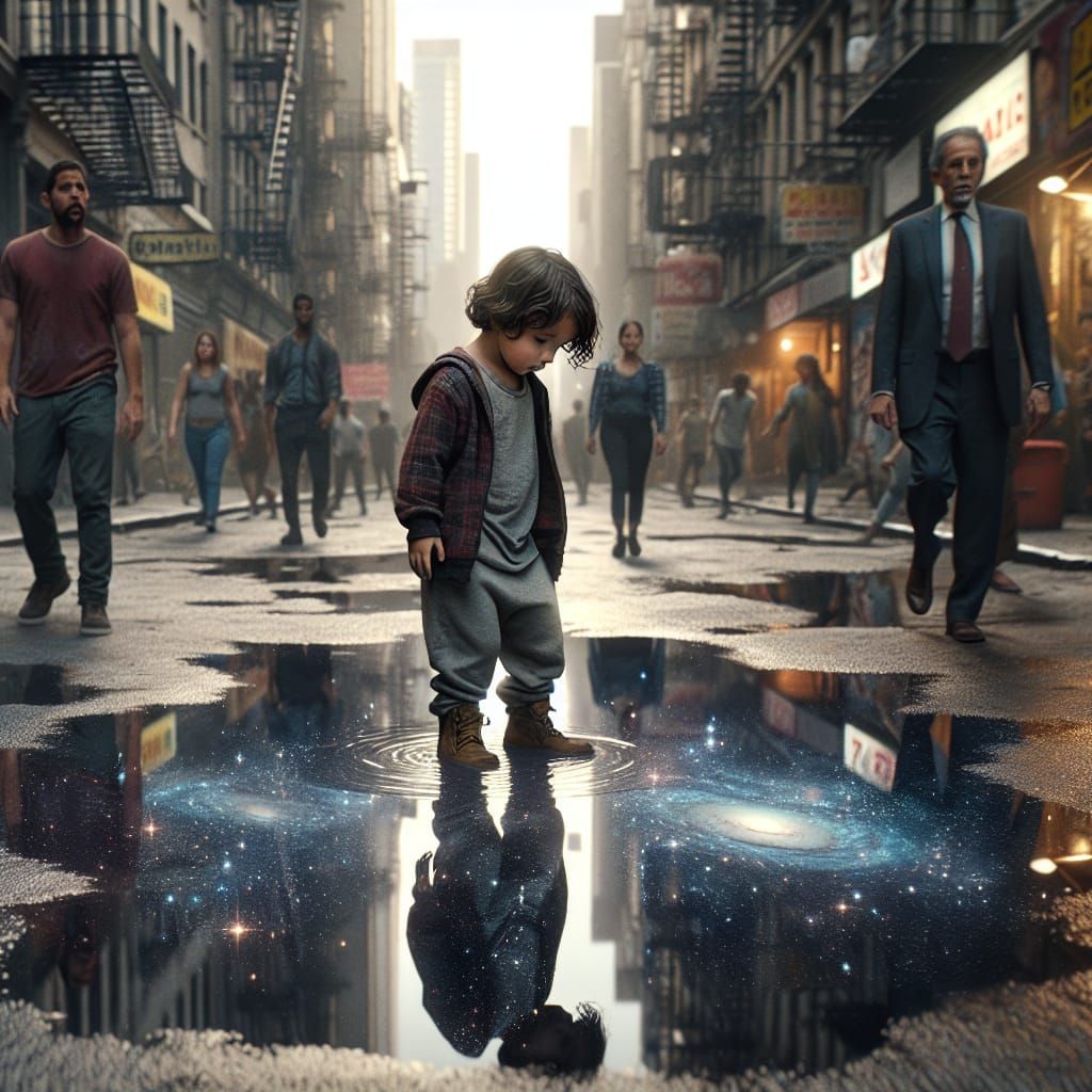 Boy Plays in Puddle Reflecting Star System