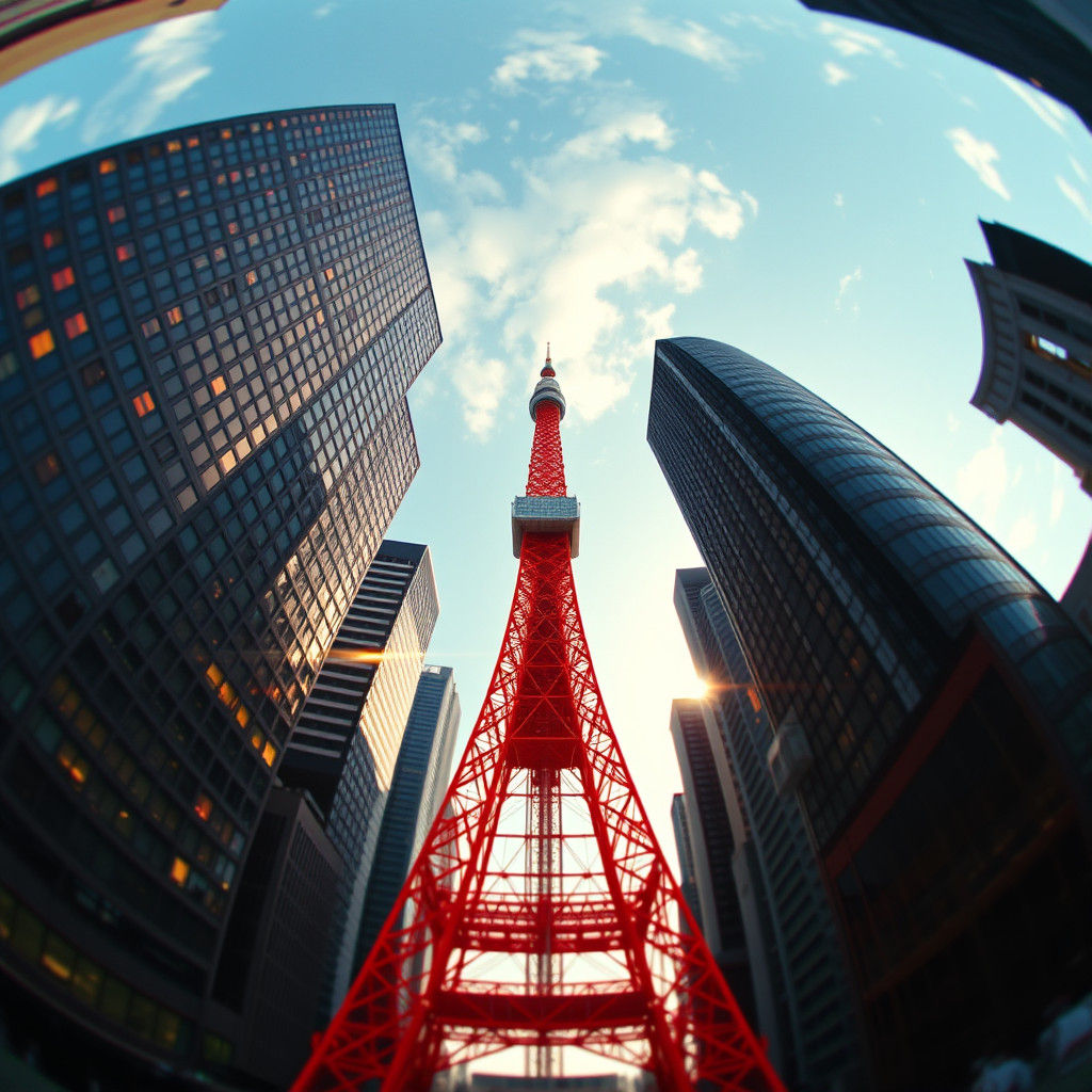 Tokyo Tower Fish-Eye View in Gritty Cinematic Style