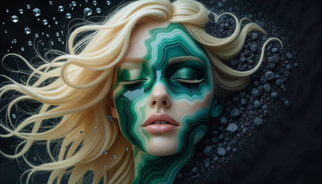 Agate Face with Swirling Patterns and Crystalline Rain