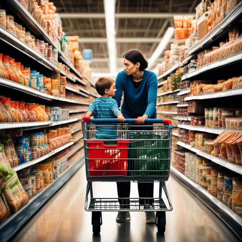 Boy Reaches for Cereal in Shopping Cart
