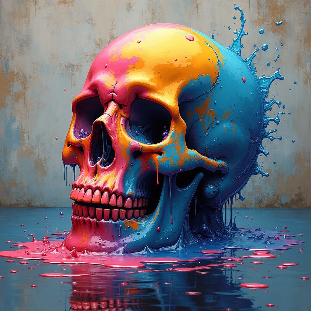 Vibrant Polychromatic Water Skull in Urban Street Art Style