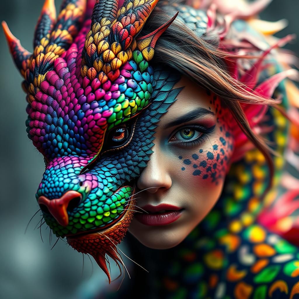 Rainbow Dragon Woman with Peacock Hair, Digital Painting