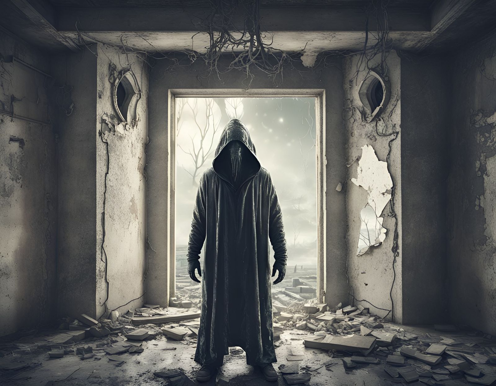 Ominous Hooded Figure in Ruined Building: 3D Render