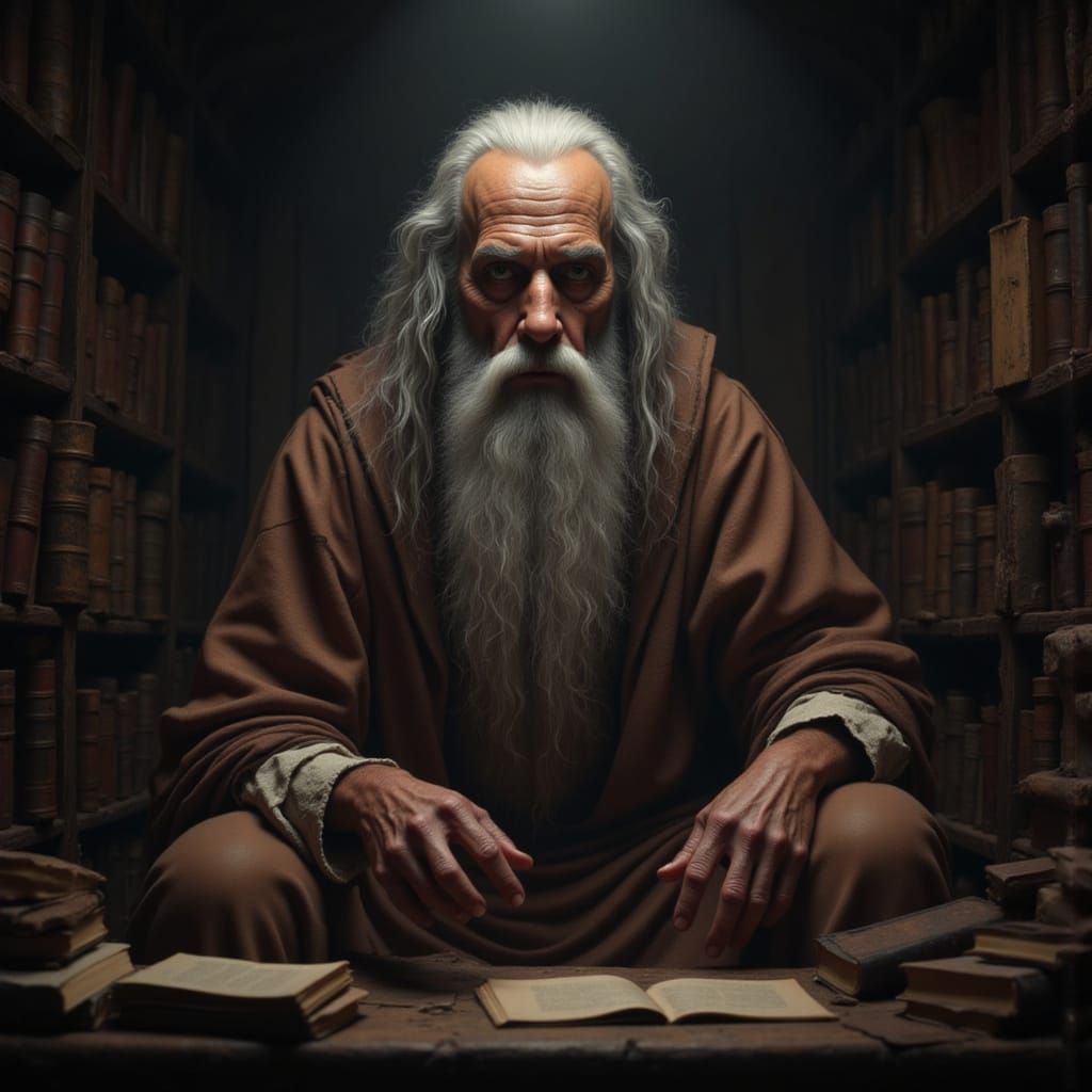 Wise Philosopher in Dim Library, Hyperrealistic Portrait