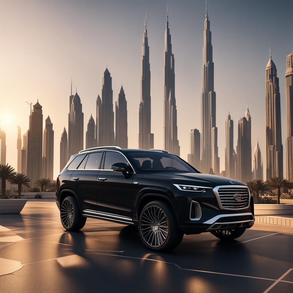 Dubai Skyline and Luxury SUV in Matte Painting Style