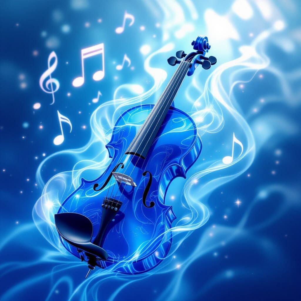 Violin Sculpted From Flowing Blue Water with Musical Notes