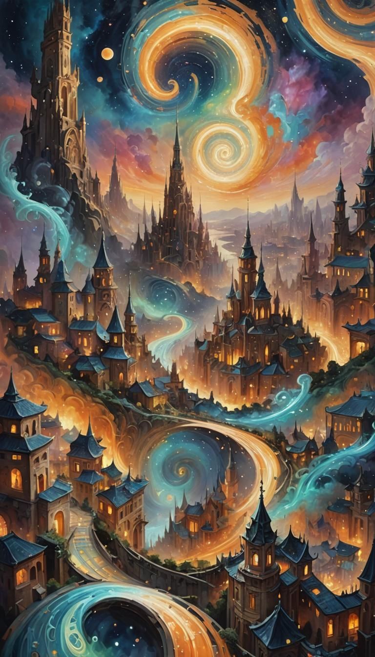 Luminous Spiral Cityscape in Tachisme Style