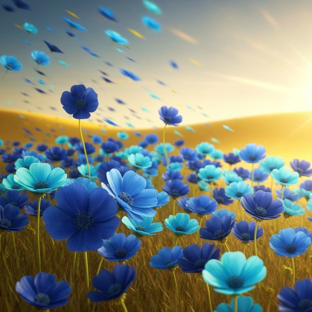 Blue Flowers Dance in Golden Desert Wind