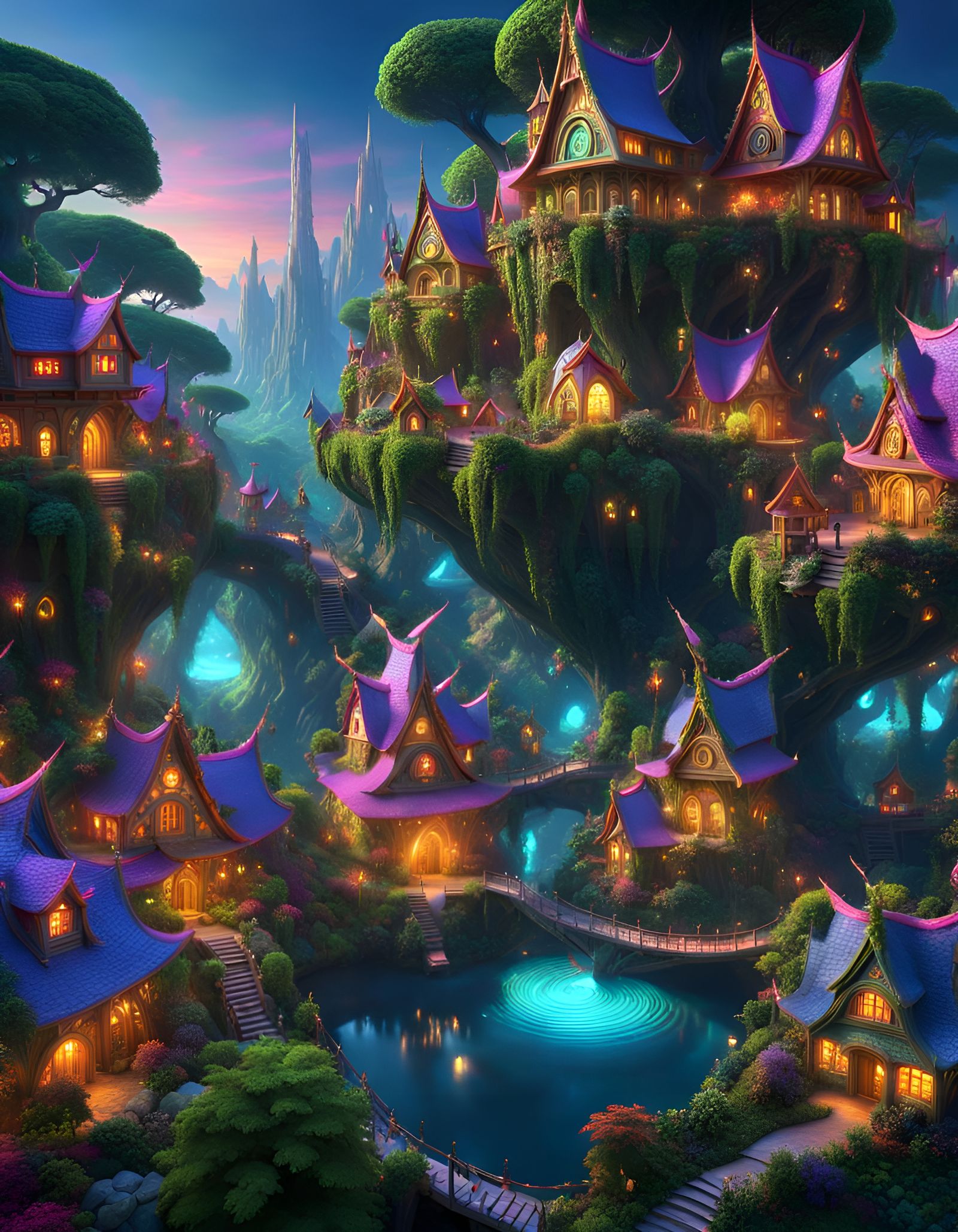 Enchanted Elven Village in Psychedelic Forest