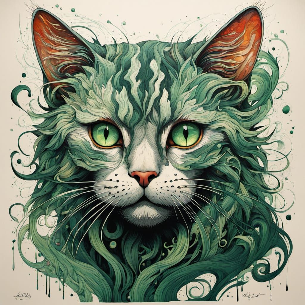 Hyperdetailed Green Cat in Elegant Composition