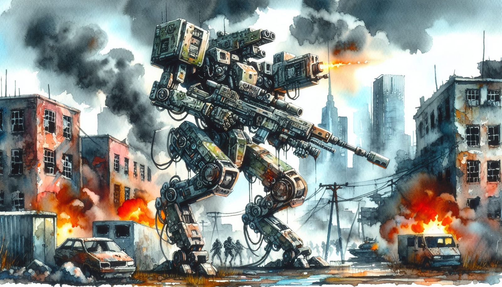 Watercolor Mech Invasion in Post-Apocalyptic Setting
