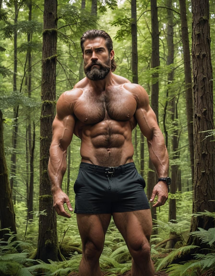 Shirtless Bodybuilder in Serene Forest