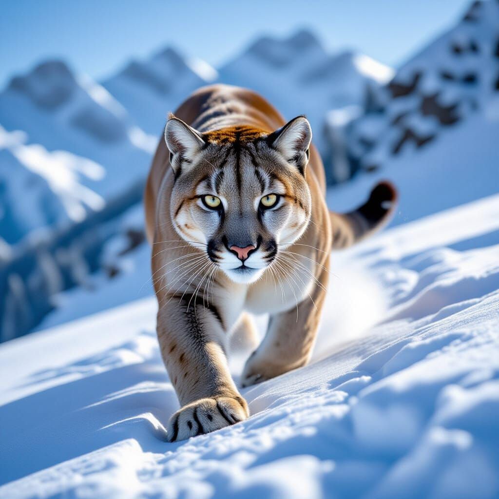 Hyperrealistic Cougar Stalks Prey on Snowy Mountain