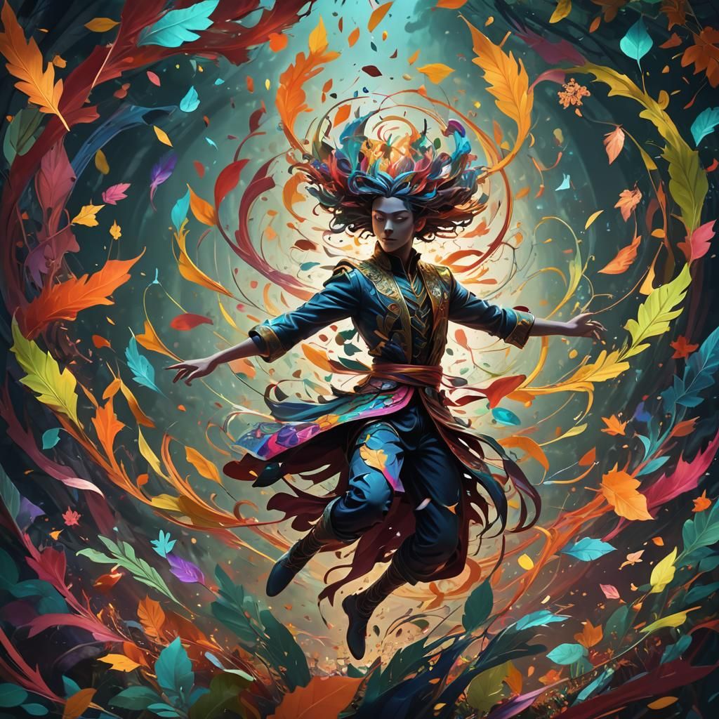 Dynamic Dancing Figure Amidst Swirling Foliage