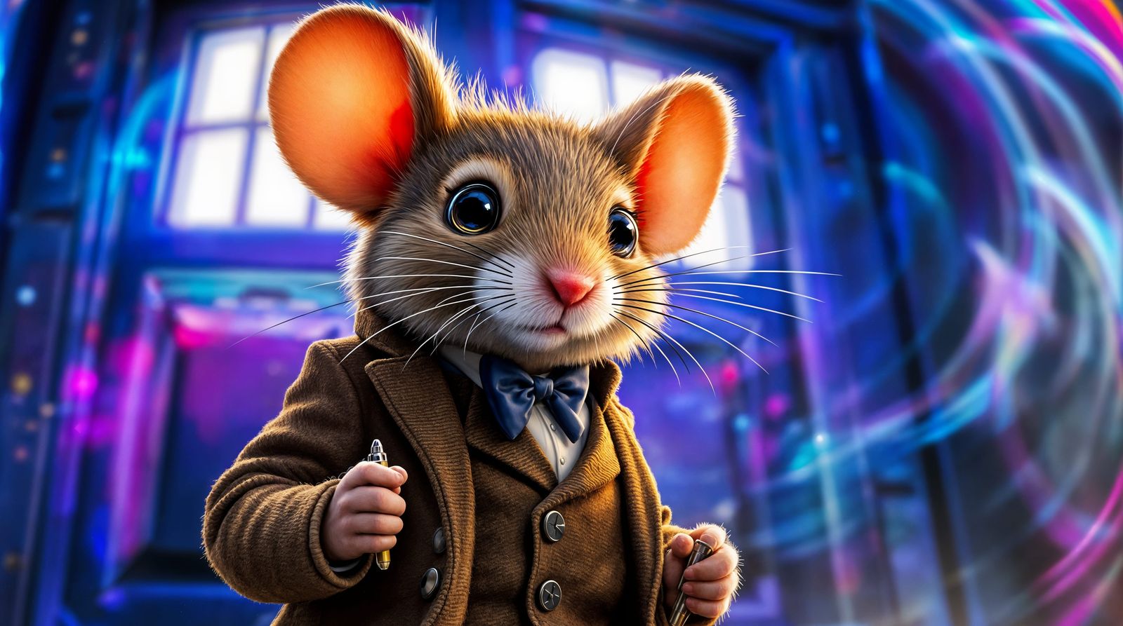 Futuristic Mouse Stands Before Time-Traveling Console