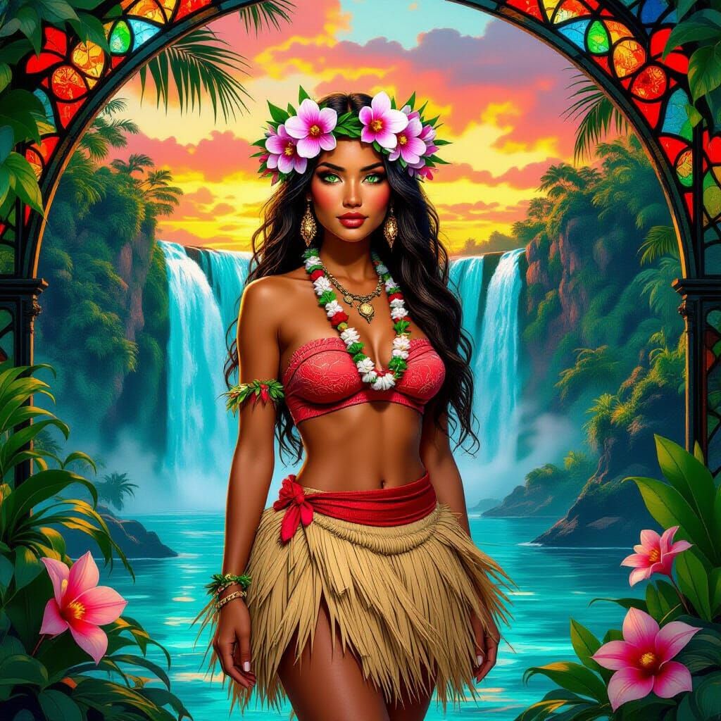 Hawaiian Goddess in Stained Glass with Jungle Waterfall