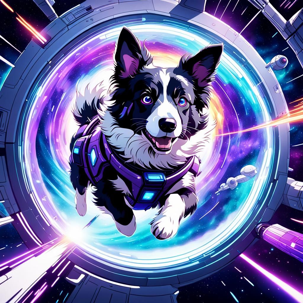 Border Collie Piloting Spaceship Through Wormhole in Anime S...