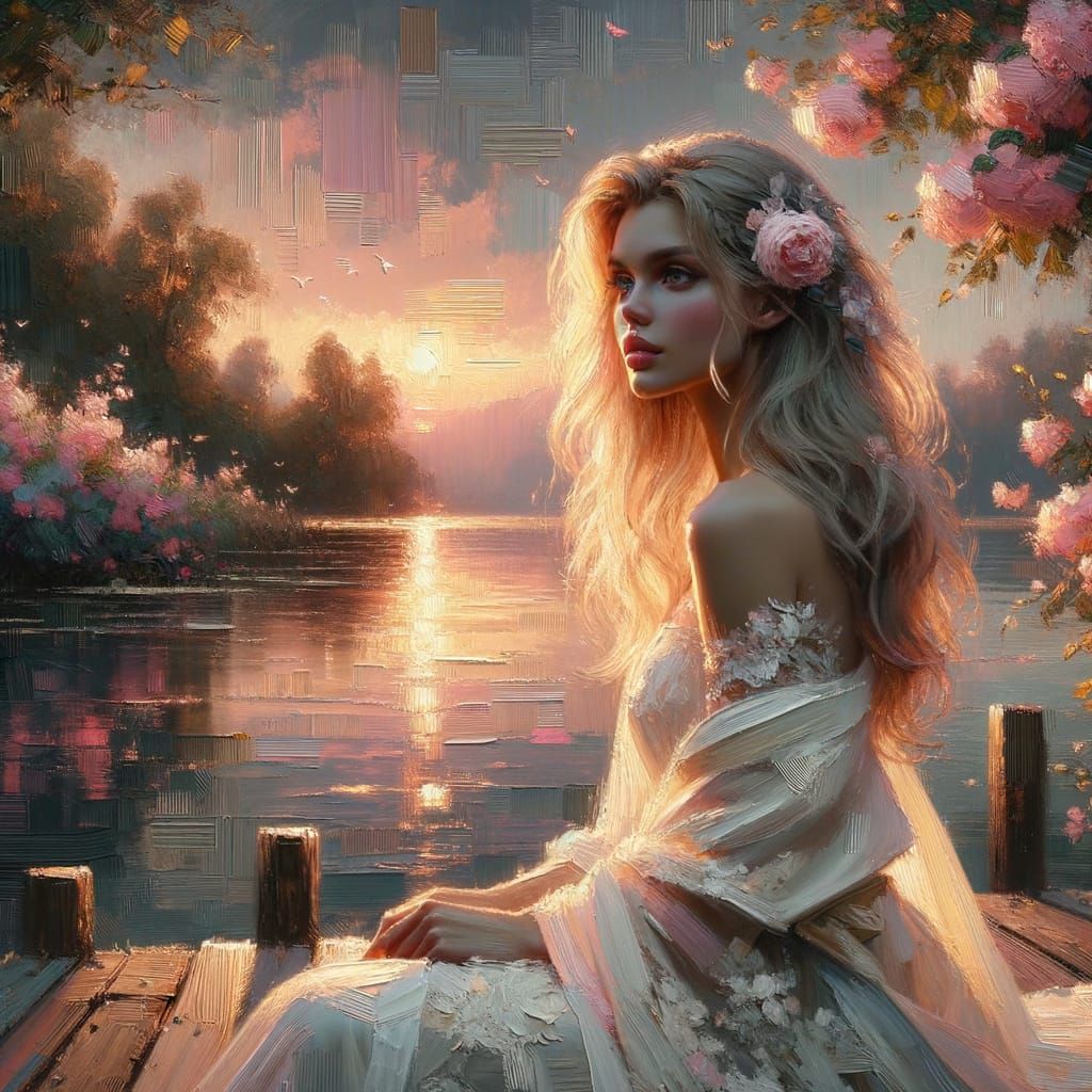 Romantic Fantasy Sunset on a Serene Lake