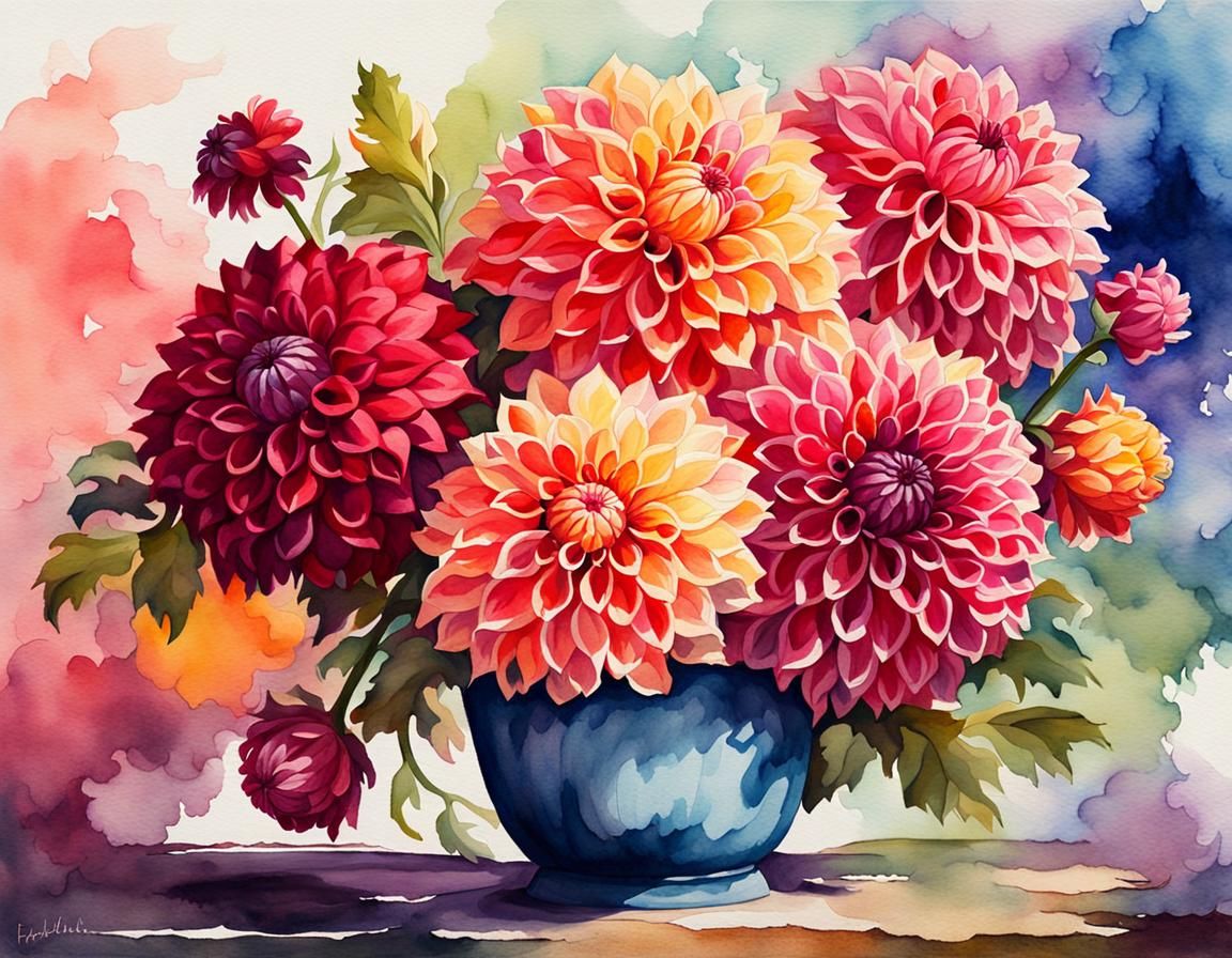 Dahlia Bouquet: Watercolor Renaissance Painting