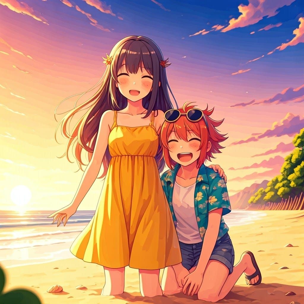 Girls on Beach at Sunset in Anime Style