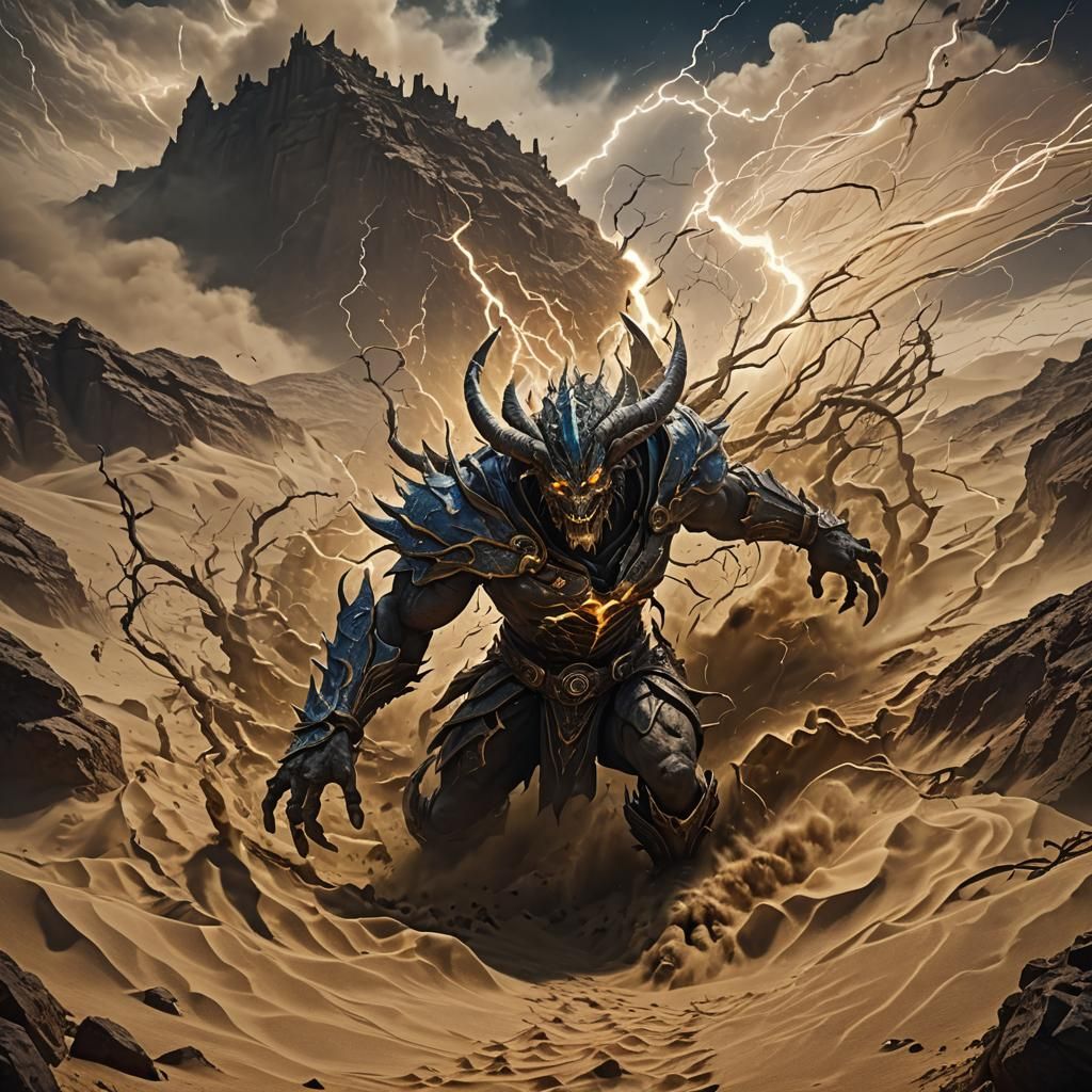 Sand Demon Conjuring Lightning in Detailed Digital Art