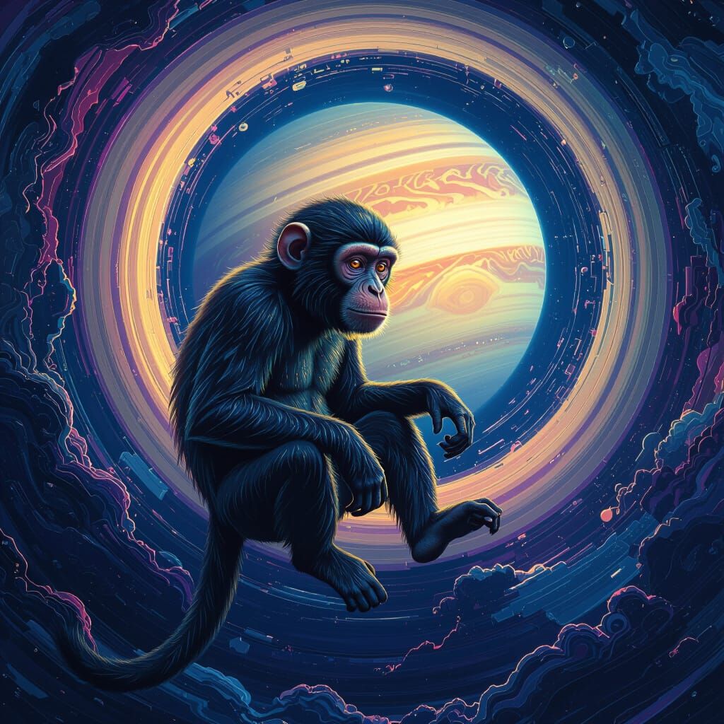 Vibrant Monkey in Saturn Rings: Matte Painting