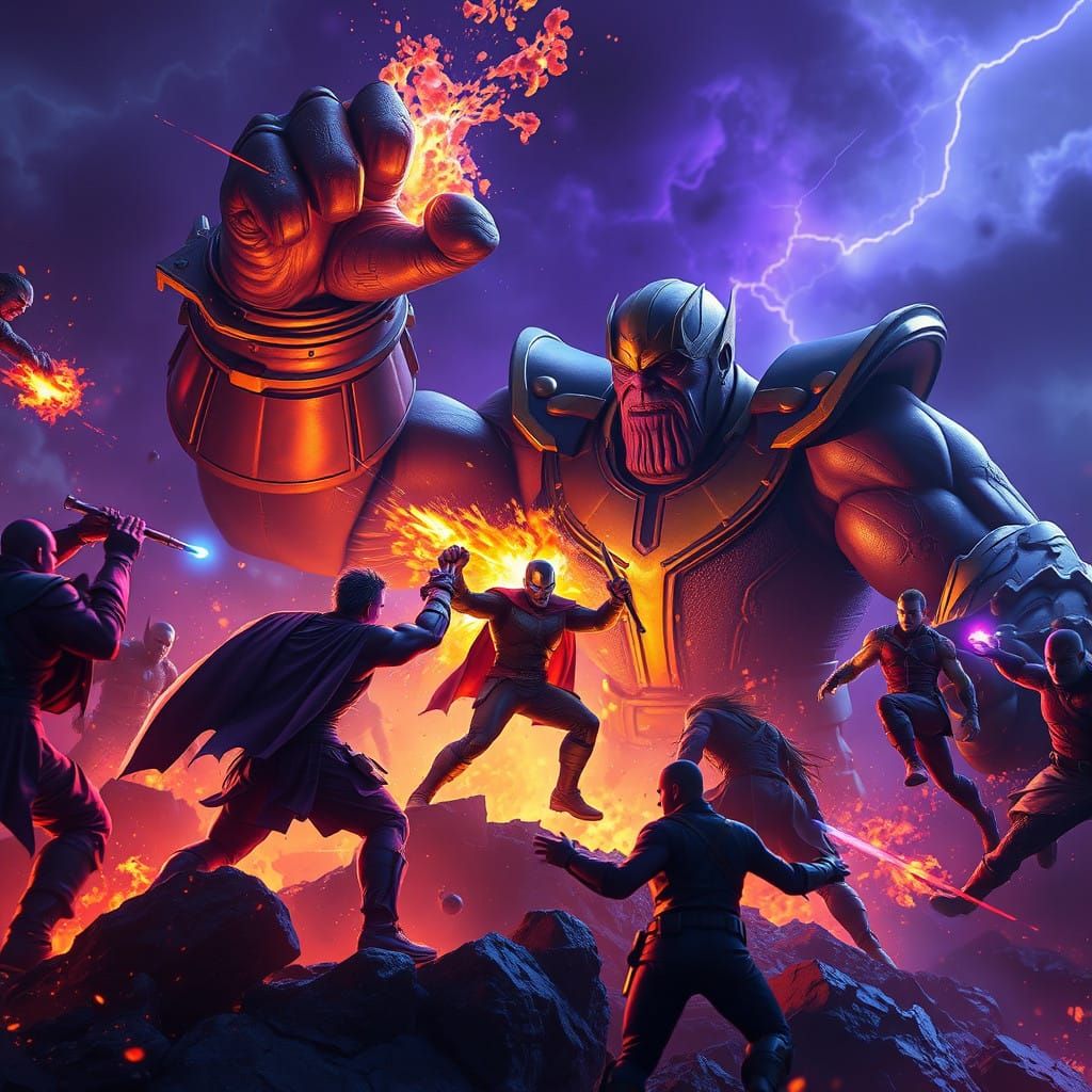 Thanos Battles Avengers in Epic Dark Fantasy Art