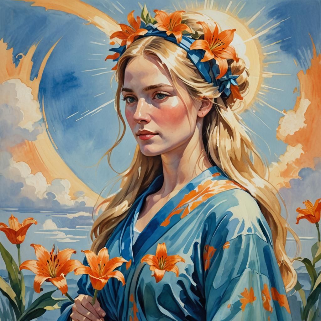 Woman with Lily: Gouache-Style Impressionist Masterpiece