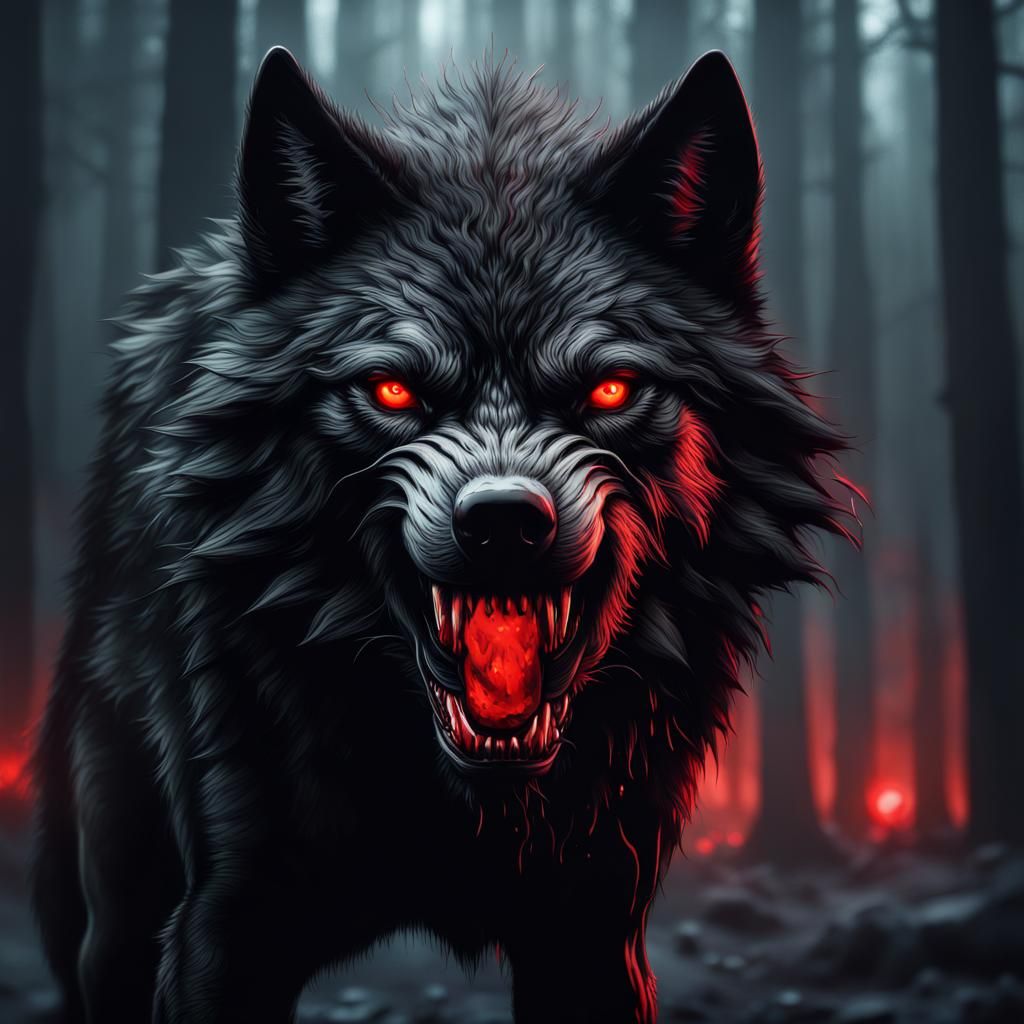 Menacing Black Wolf with Bloody Teeth: Digital Matte Paintin...
