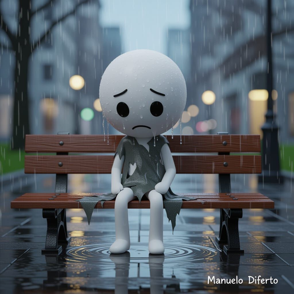Chibi Stick Figure on Park Bench in Downpour