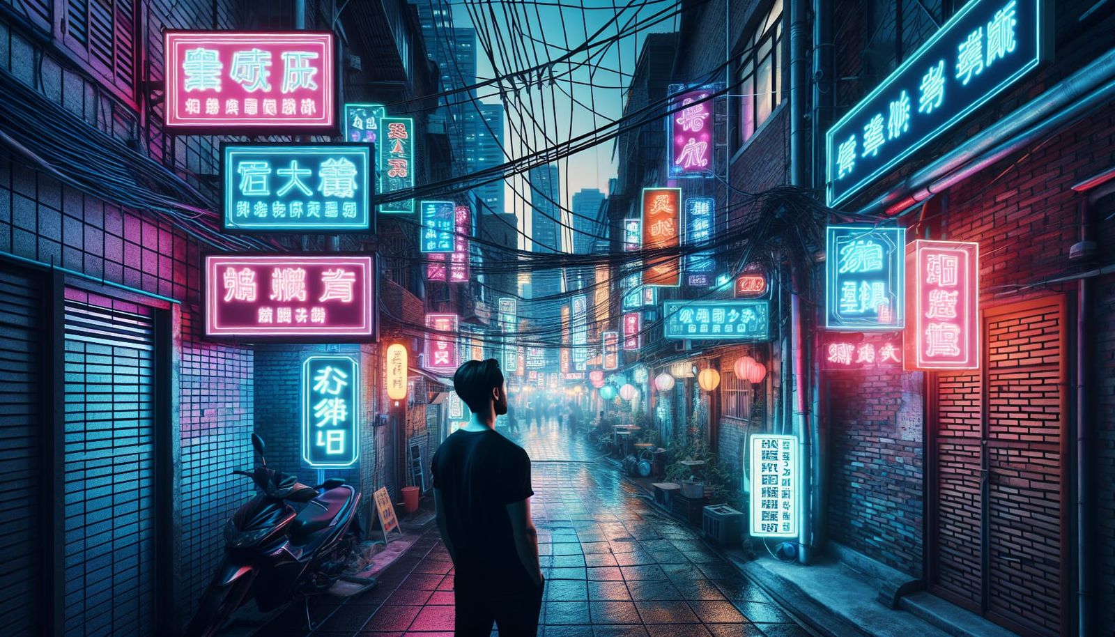 Vibrant Urban Alleyway at Night with Neon Signs