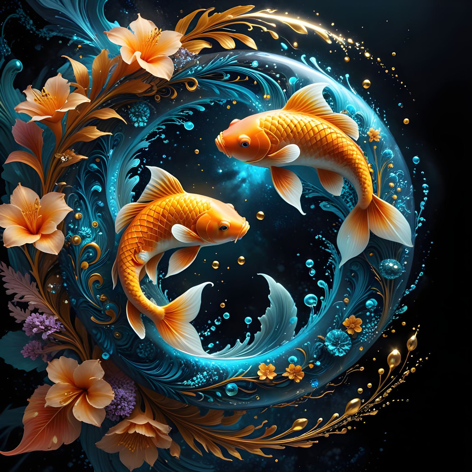 Surreal Koi Fish in Vibrant, Swirling Nature Magic