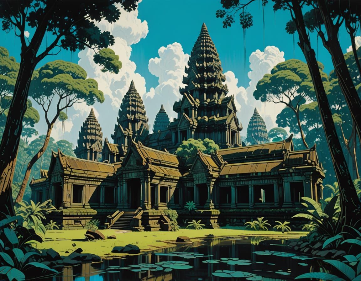 Ancient Cambodian Temple Complex in Lush Jungle Oasis
