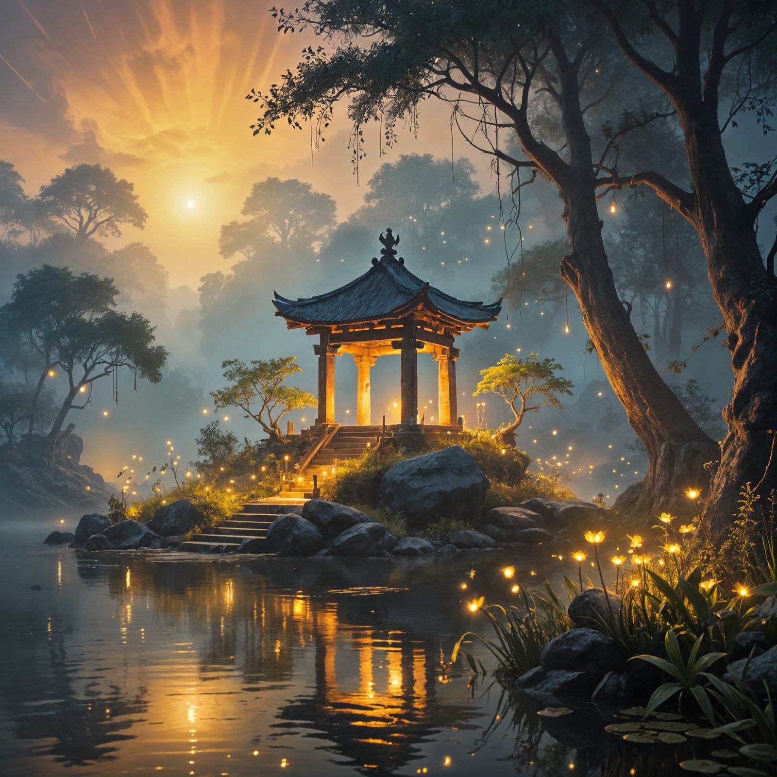 Ethereal Shrine in Fog-Shrouded Mountain Lake