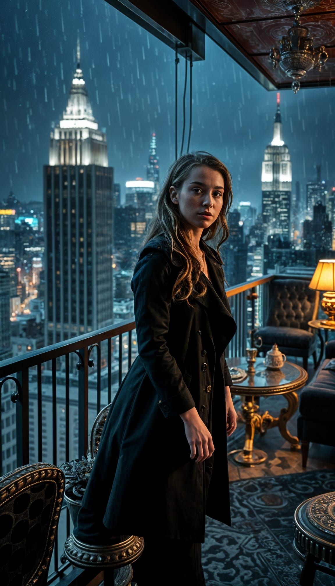 Girl in Penthouse Overlooking Rainy Night City