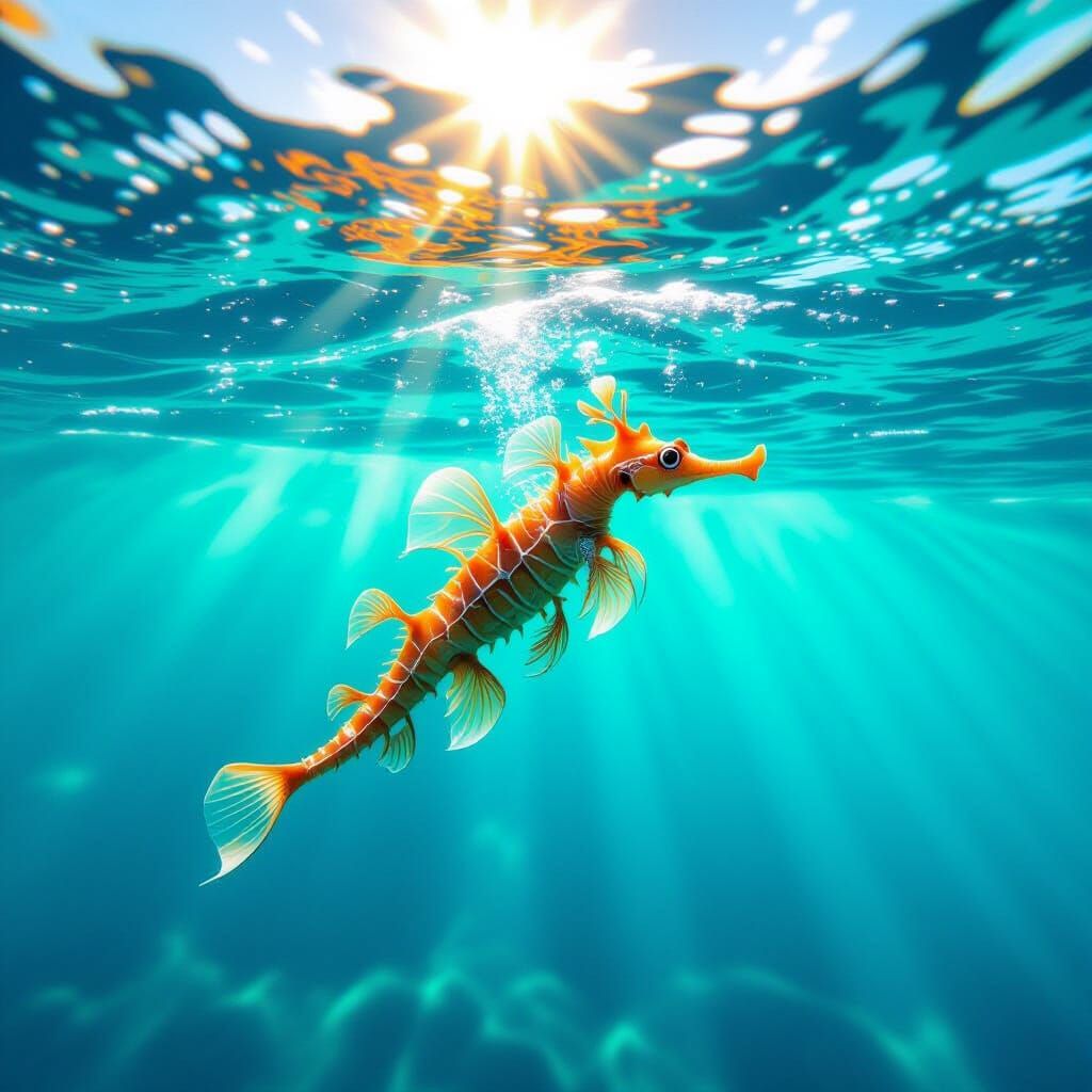 Photorealistic Sea Dragon Swimming in Turquoise Ocean