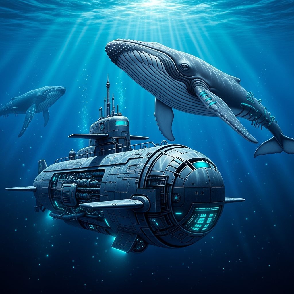Submarine and Biomechanical Whale in Deep Sea Airbrush Art