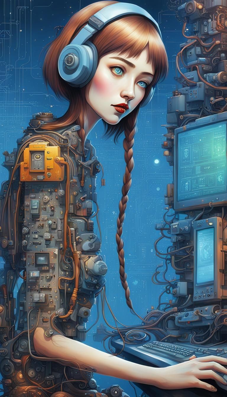 Mechanical Girl in Cyberpunk Landscape