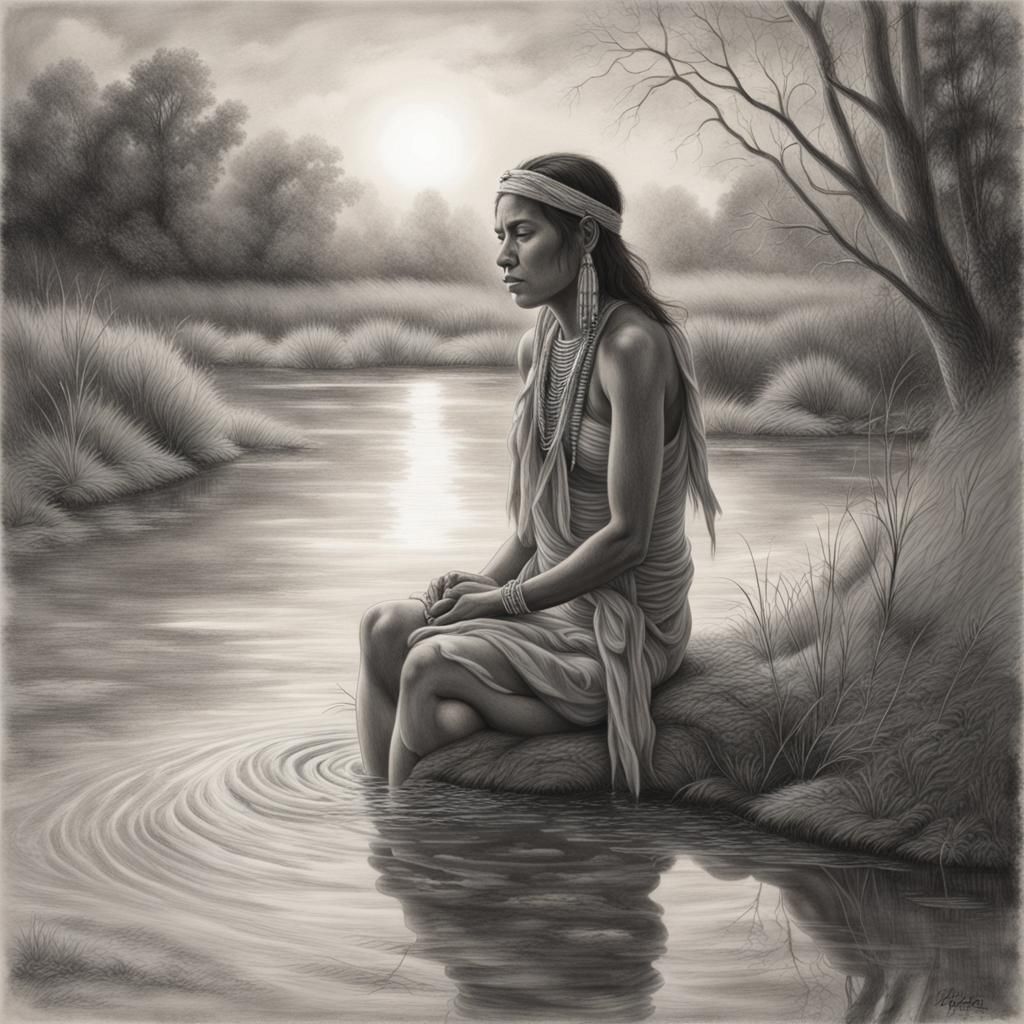 Native Maiden Bathes in Misty River: Charcoal Drawing
