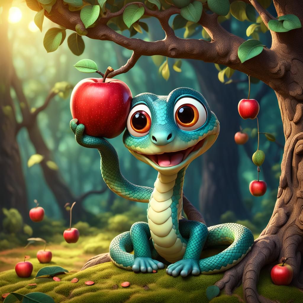 Cute Big-Eyes Snake Holds Red Apple in Tree