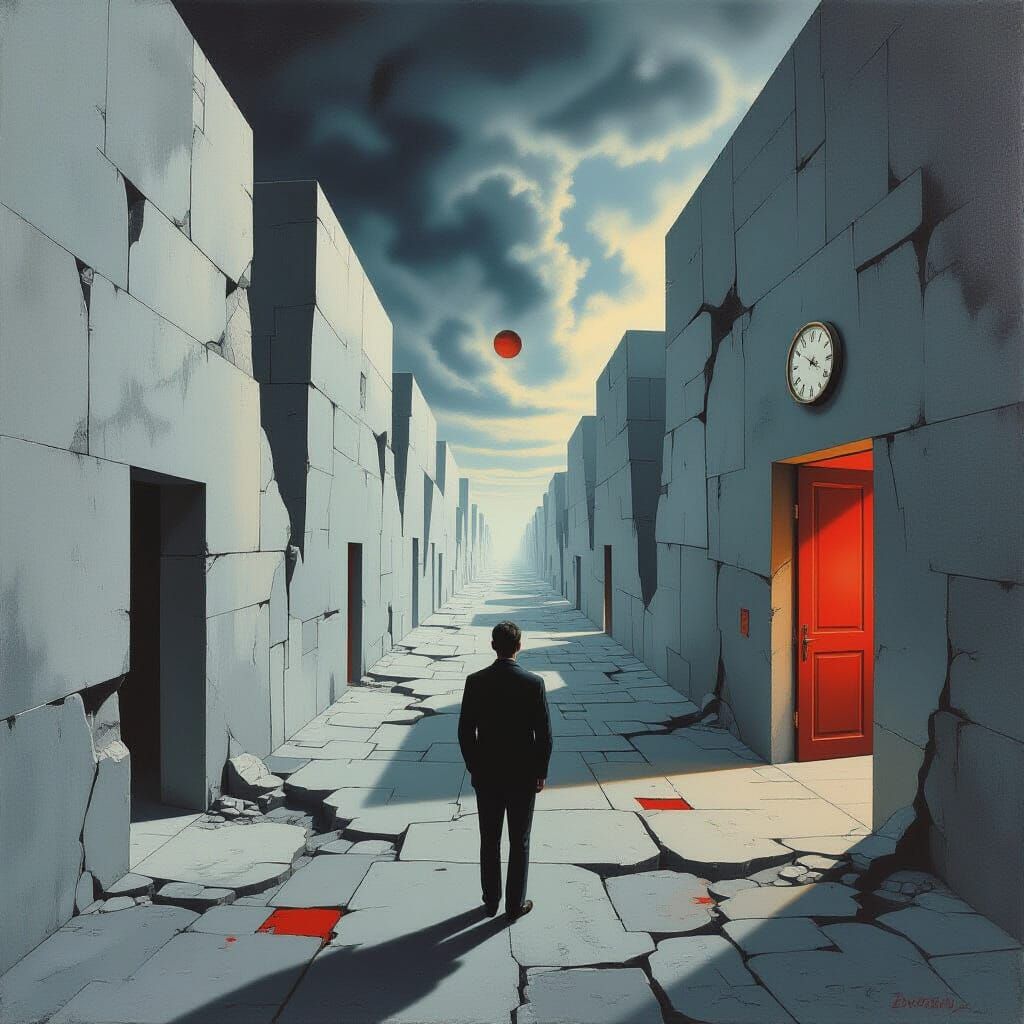 Collapsing World: Surreal Image in Style of Escher and Dali