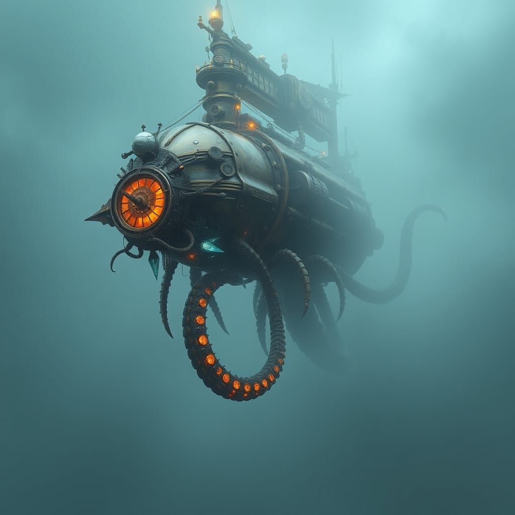 Mechanical Kraken Airship Navigating Dense Fog