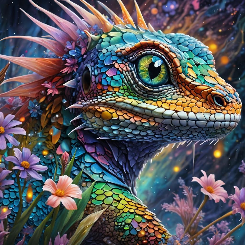Rainbow Sky Lizard Portrait in Dreamlike Surrealism