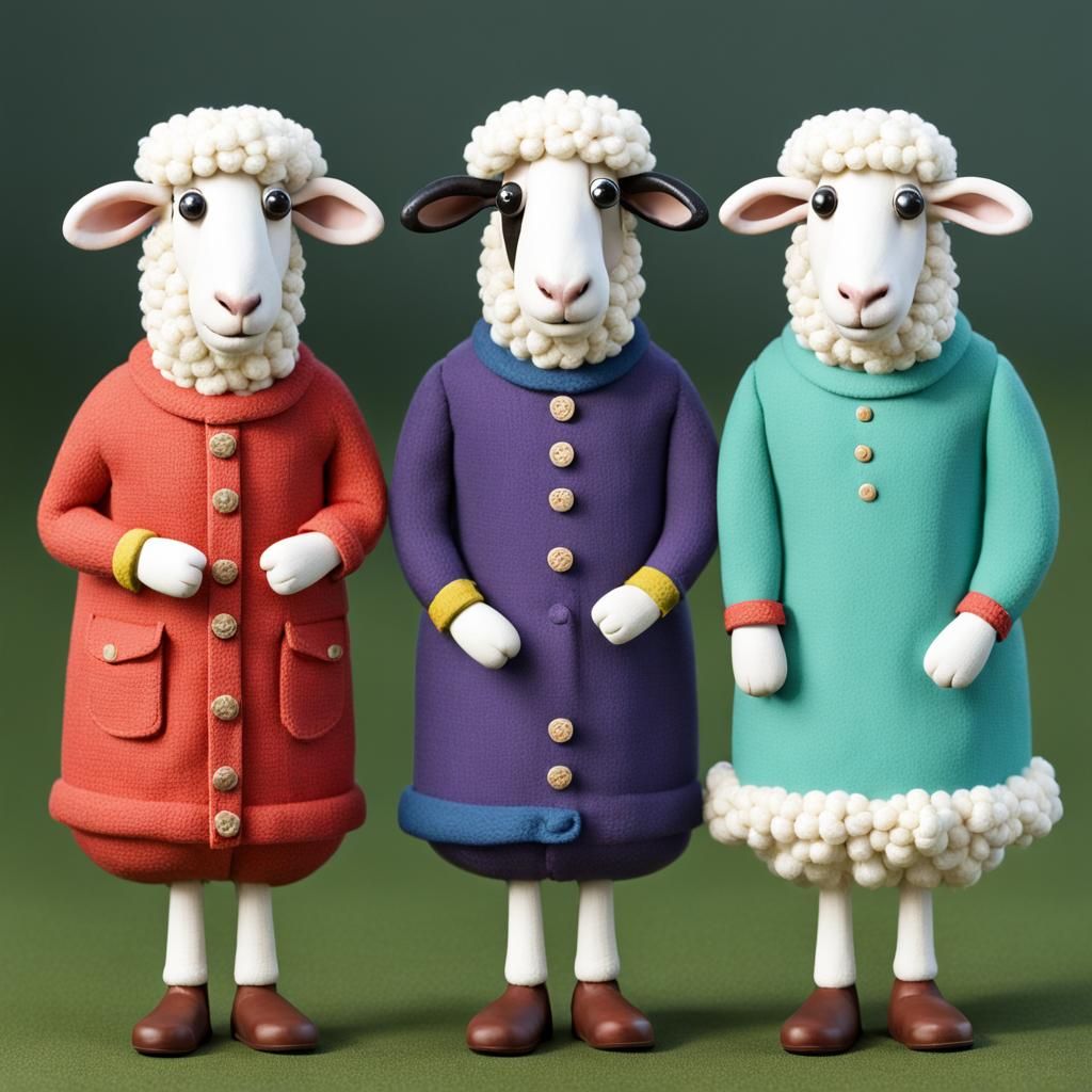 Three wallace and grommit style sheep with very colourful cl...