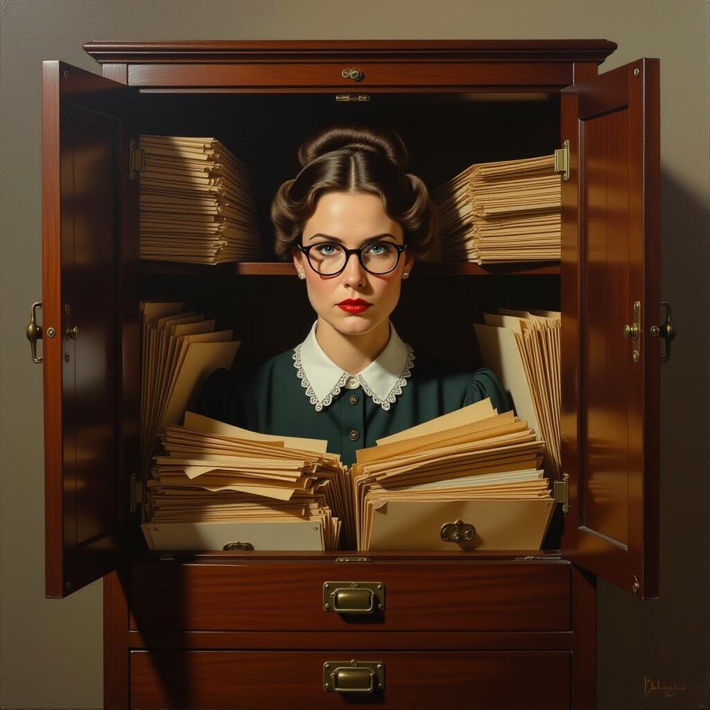 Librarian Lost in Vintage Filing Cabinet Surreal Oil Paintin...