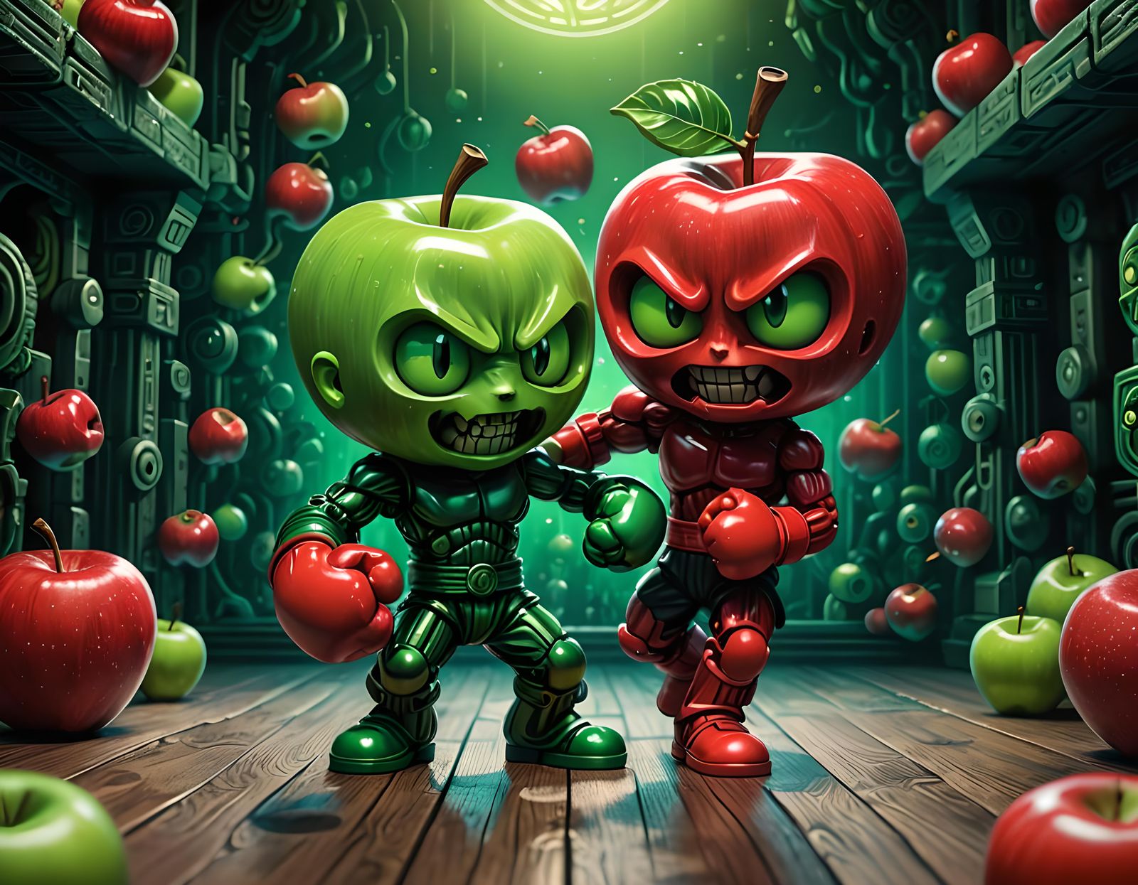 Chibi Apples Boxing in Expressionist Geometric Style