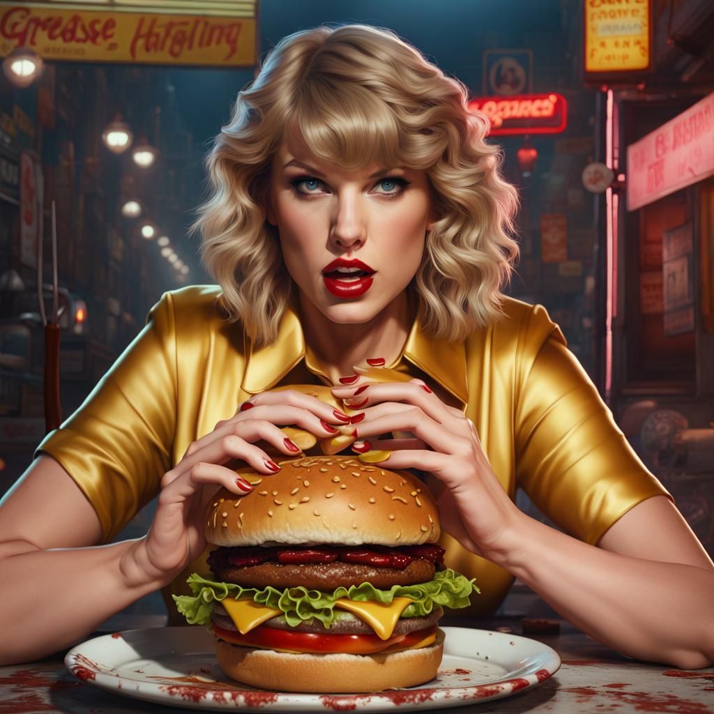 Taylor swift eats a burger.