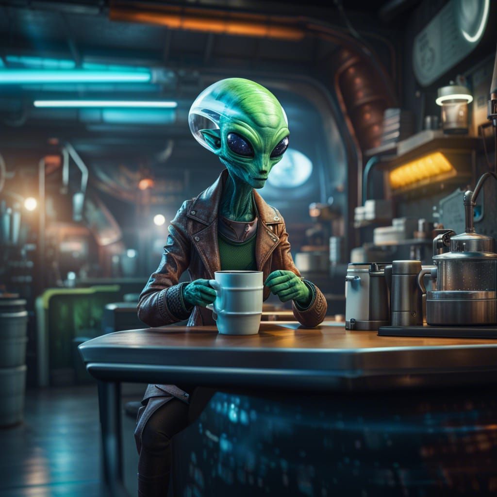 Hipster Alien Barista in Dystopian Spaceport