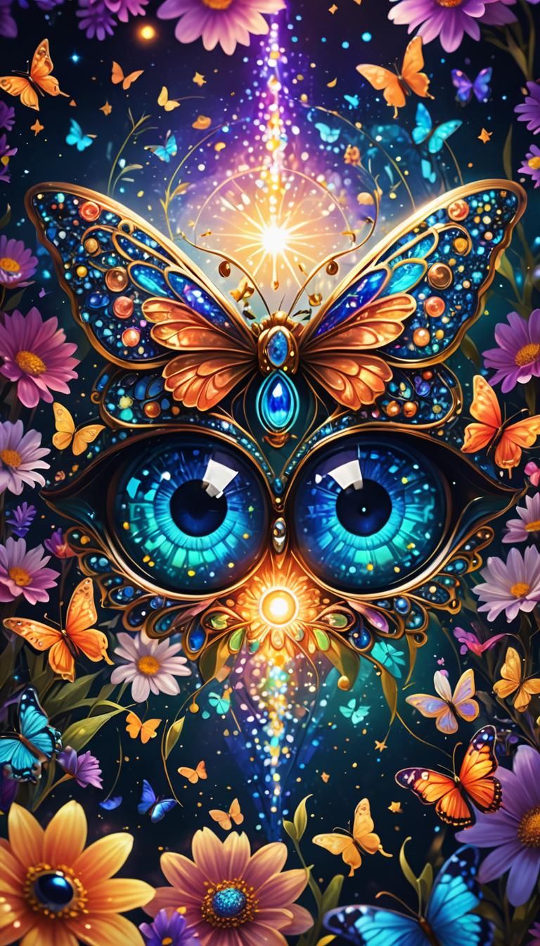 Cosmic Evil Eye with Flowers and Butterflies