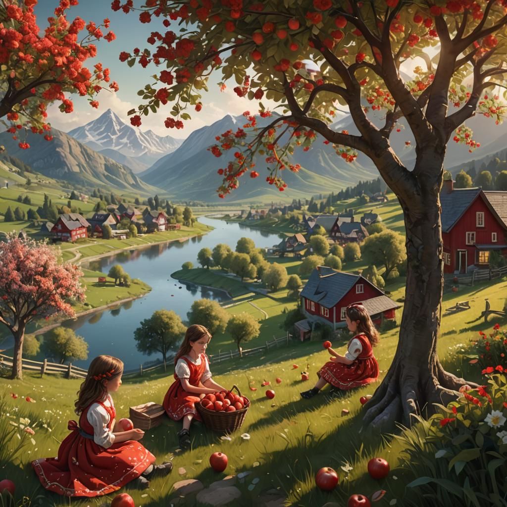 Girls in Orchard: A Fantastical Matte Painting